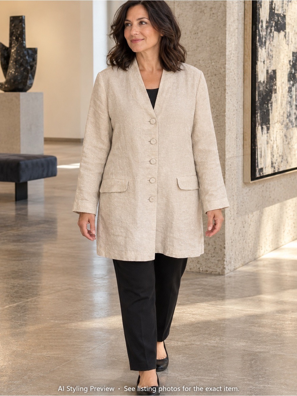 Eileen Fisher Petites 100% Linen Textured Long Blazer Jacket Beige Large